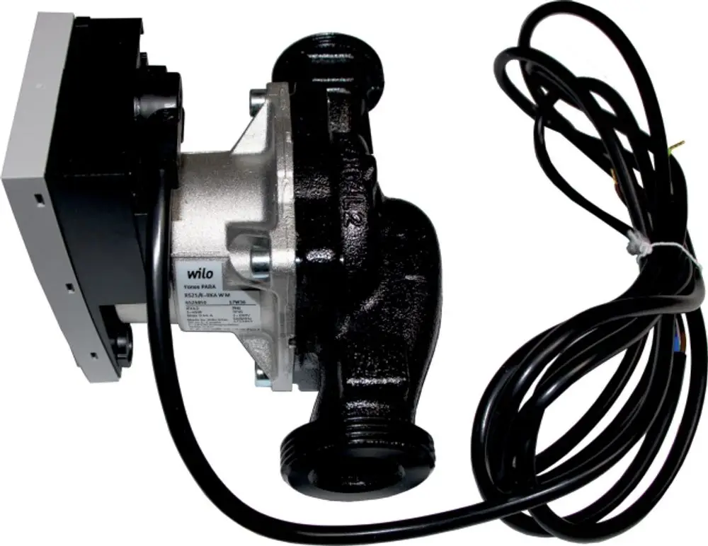 Wilo-Pumpe mit schwarzem und silbernem Gehäuse sowie Kabelanschluss, geeignet für hydraulische Anwendungen in Heizsystemen.